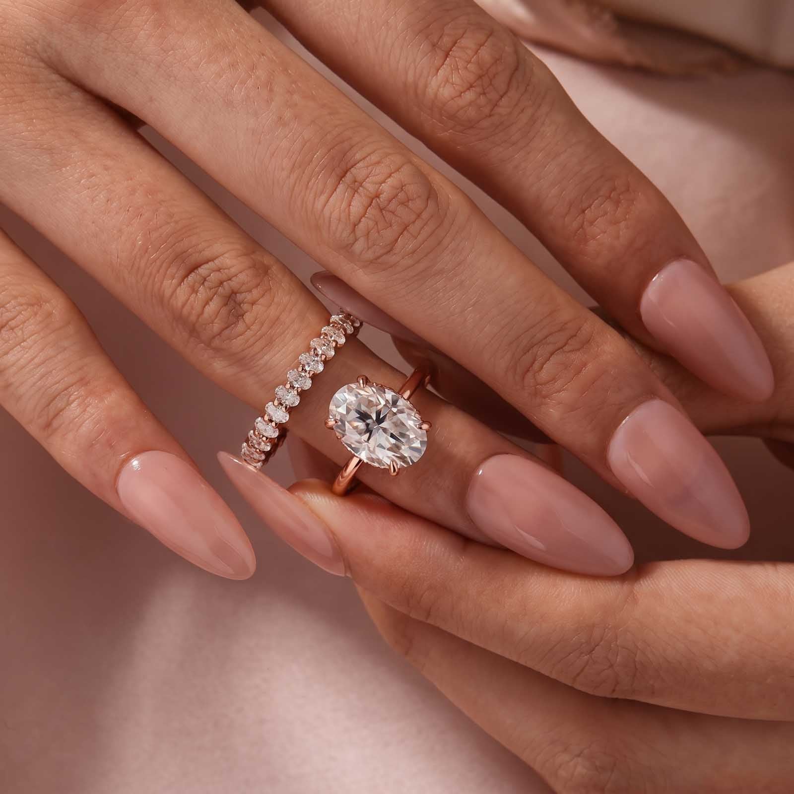 Solisfine Moissanite 4.0Ct Oval Cut Rose Gold Engagement Ring with Oval Cut Eternity Ring