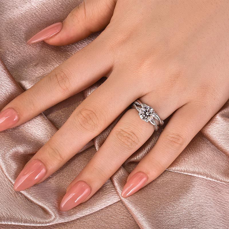 Solisfine Moissanite 2.0 Ct/1.0Ct Twist White Gold Pave Wedding Ring Set