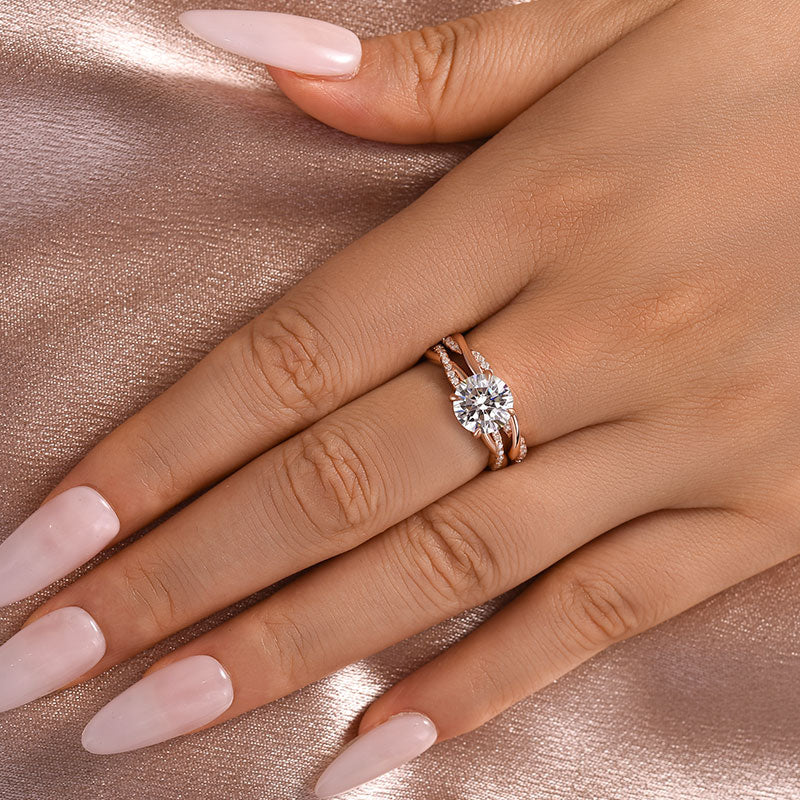 Solisfine Moissanite 2.0 Ct Twist Rose Gold Pave Wedding Ring Set