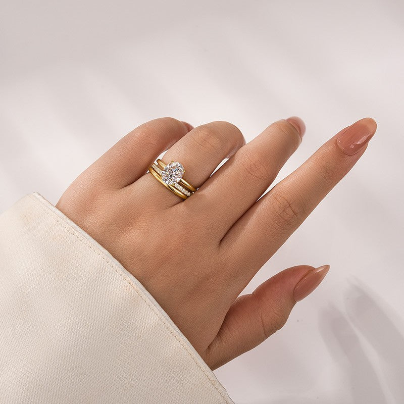 Moissanite 2.0Ct Solitaire Oval Cut Yellow Gold Wedding Ring with Pavé Eternity Ring
