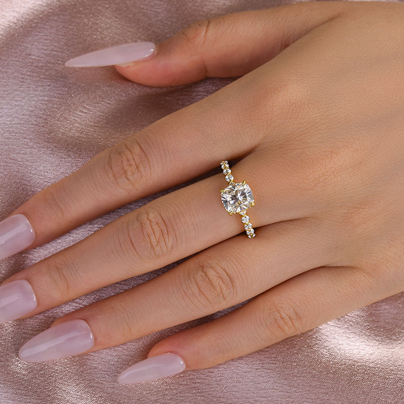Solisfine Moissanite 2.0 Ct Yellow Gold Cushion Cut Bridal Ring