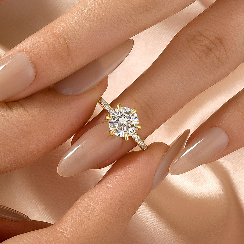 Solisfine Moissanite 2.0 Ct ~4.0 Ct Round Cut 6 Prong Yellow Gold Promise Ring