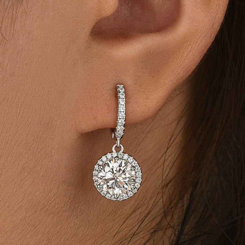 Moissanite 2.0Ct*2 Classic Halo Round Cut Drop Earrings In Sterling Silver