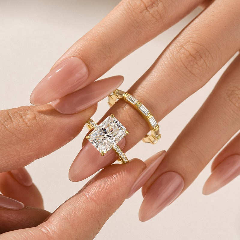Moissanite 4.5Ct Radiant Cut Yellow Gold Wedding Ring with Emerald Cut Wedding Band