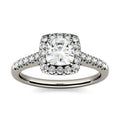 1.66 CTW DEW Cushion Moissanite Halo with Side Accents Engagement Ring in 14K White Gold