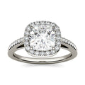 1.97 CTW DEW Cushion Moissanite Halo with Side Accents Engagement Ring in 14K White Gold
