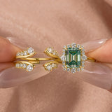 Moissanite 3.0Ct Yellow Gold Halo Emerald Stone Emerald Cut Engagement Ring with Enhancer Ring
