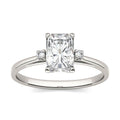 1.82 CTW DEW Radiant Forever One Moissanite Solitaire with Side Accents Engagement Ring in 14K White Gold.
