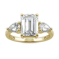 3.38 CTW DEW Emerald and Pear Three-Stone Moissanite Engagement Ring in 14K Yellow Gold