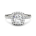 1.40 CTW DEW Cushion Moissanite Side-Stone Halo Engagement Ring in 14K White Gold