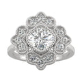 1.40 CTW DEW Cushion Moissanite Floral Milgrain Halo Ring in 14K White Gold