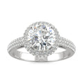 1.78 CTW DEW Round Moissanite Three Row Pavé Halo Engagement Ring in 14K White Gold