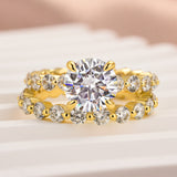 Solisfine Moissanite 2.0 Ct Round Cut Yellow Gold Wedding Ring Set With Eternity Wedding Band