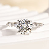 Solisfine Moissanite 2.0 Ct Round Cut with Marquise Side Stones Hidden Halo Engagement Ring