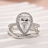 Moissanite 2.5Ct Halo Pear Cut White Gold Engagement Ring With Twist Wedding Ring