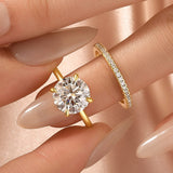 Moissanite 4.0Ct Solitaire Round Cut Yellow Gold Engagement Ring with Eternity Thin Wedding Band
